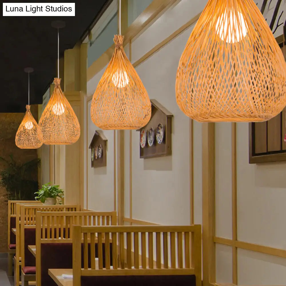 Japanese Beige Bamboo Pendant Light - Hand-Woven Teardrop Shade Single Down Lighting For Restaurants