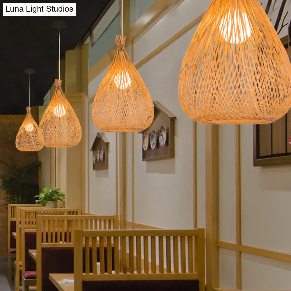 Hand-Woven Bamboo Pendant Light - Beige Teardrop Shade Japanese Single Perfect For Restaurants!