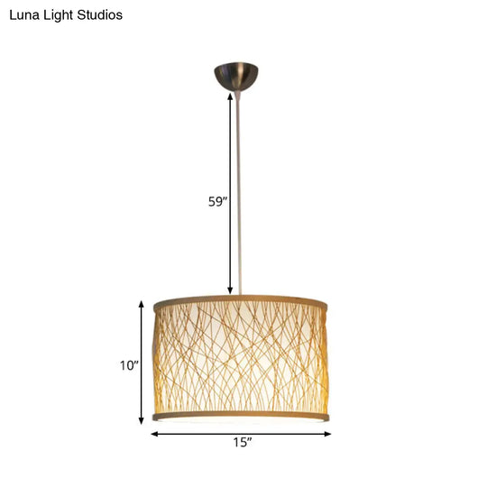 Hand-Woven Bamboo Beige Drum Shade Pendant Light For Restaurants - Japanese Design