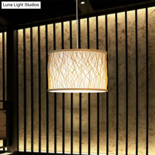 Hand-Woven Bamboo Beige Drum Shade Pendant Light For Restaurants - Japanese Design