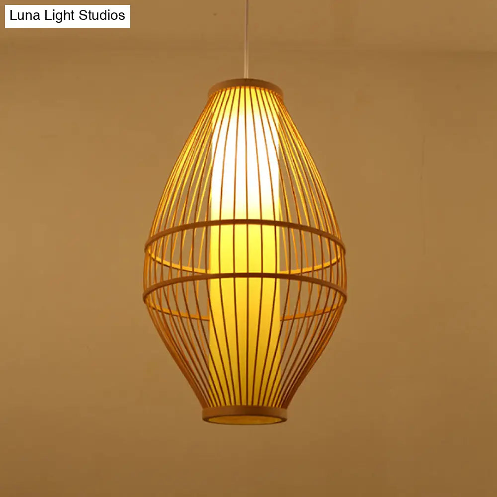 Hand-Woven Beige Hanging Light: Asian Style 1-Light Bamboo Pendant Lamp