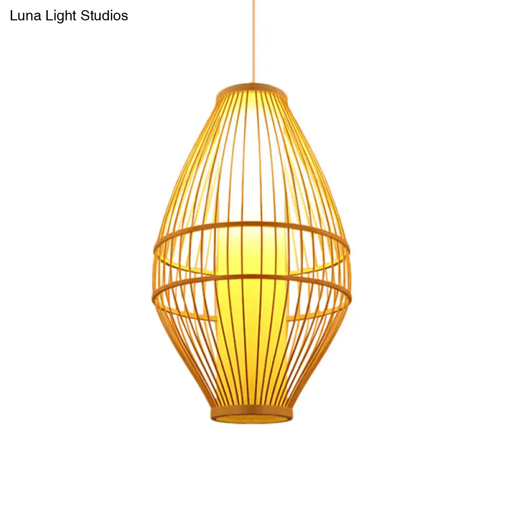 Hand-Woven Beige Hanging Light: Asian Style 1-Light Bamboo Pendant Lamp