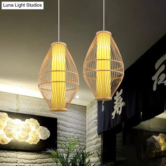 Hand-Woven Beige Hanging Light: Asian Style 1-Light Bamboo Pendant Lamp