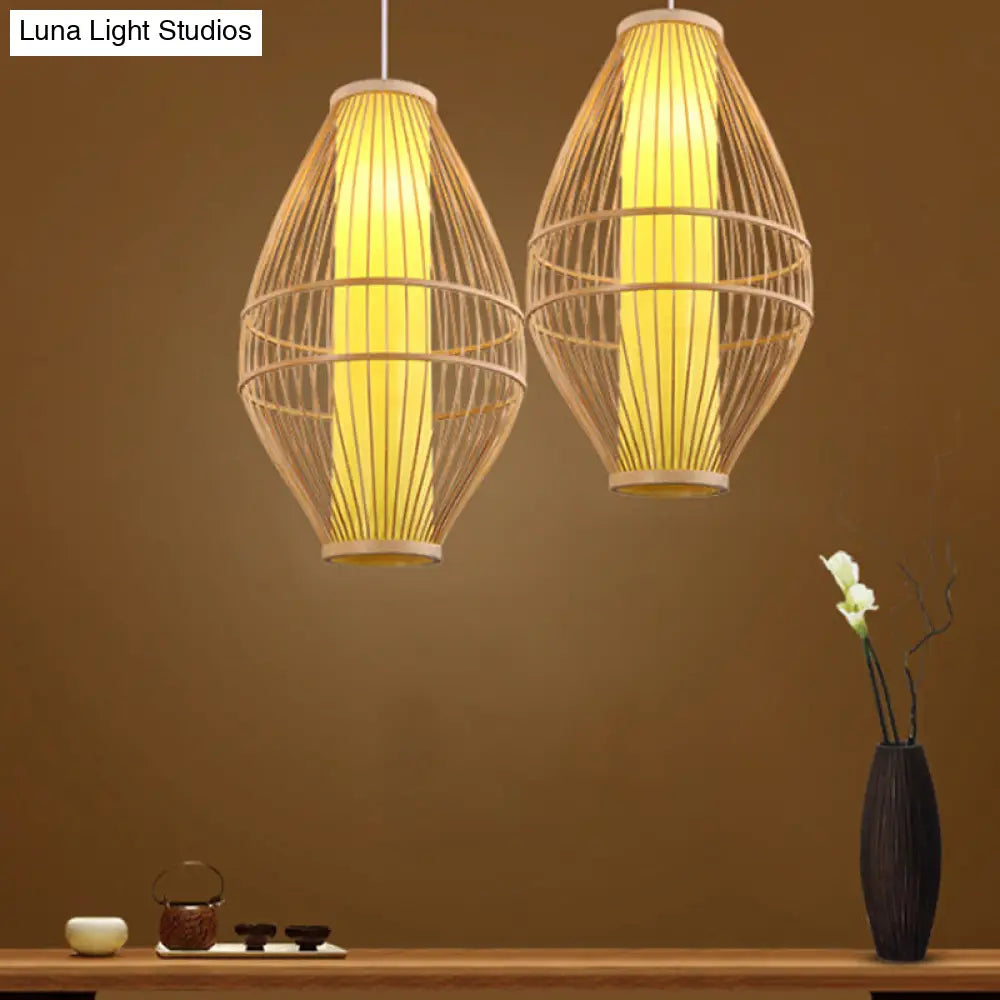 Hand-Woven Beige Hanging Light: Asian Style 1-Light Bamboo Pendant Lamp