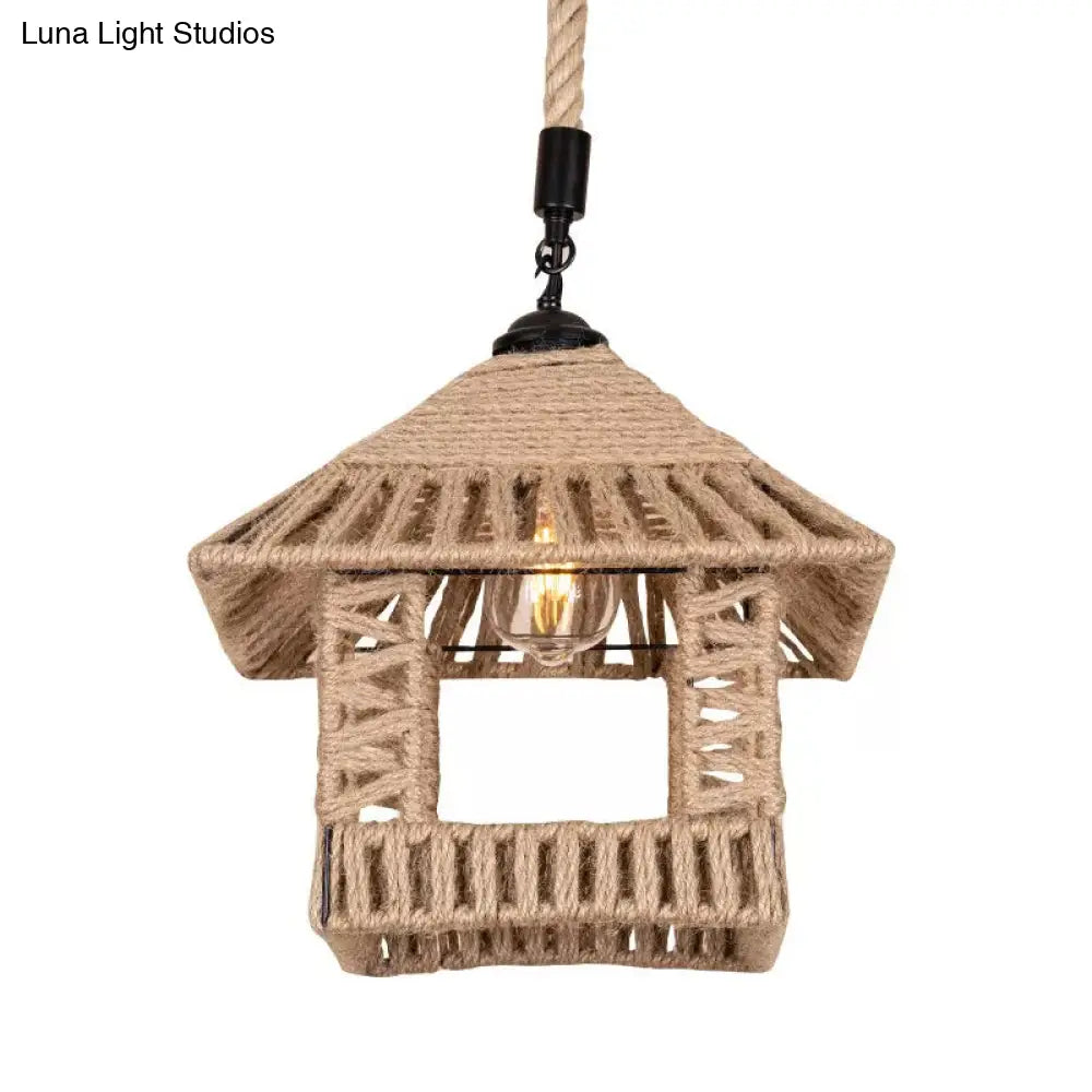 Country Hand-Woven Rope Single Hanging Pendant Light For Restaurants - Brown Pavilion Suspension