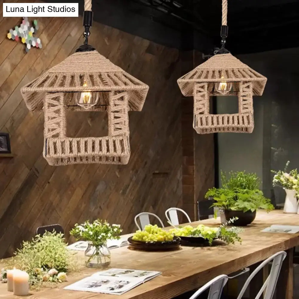 Country Hand-Woven Rope Single Hanging Pendant Light For Restaurants - Brown Pavilion Suspension