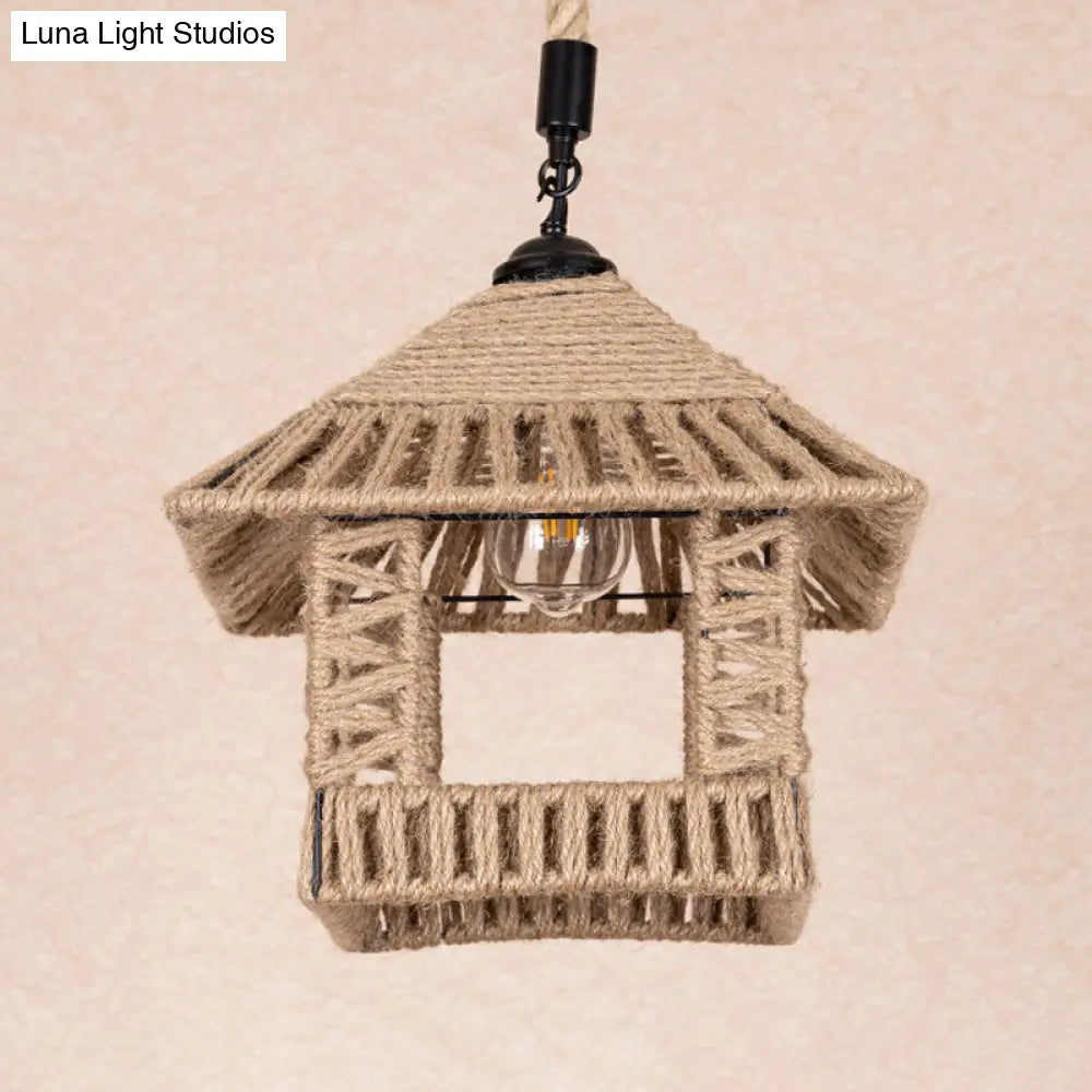 Country Hand-Woven Rope Single Hanging Pendant Light For Restaurants - Brown Pavilion Suspension