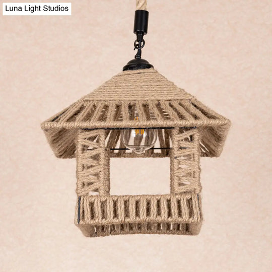 Country Hand-Woven Rope Single Hanging Pendant Light For Restaurants - Brown Pavilion Suspension