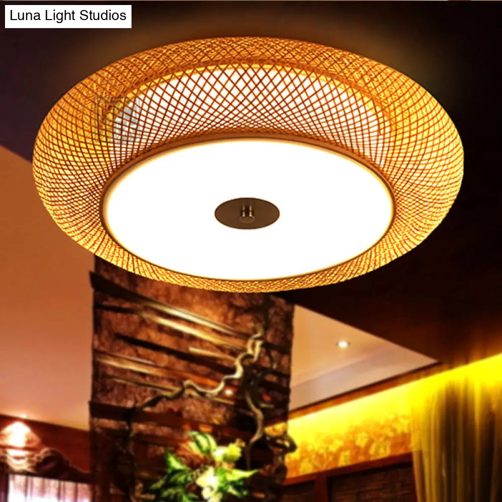 Hand Woven Chinese Bamboo Close To Ceiling Lighting In Flaxen - 2 Heads Flush Mount