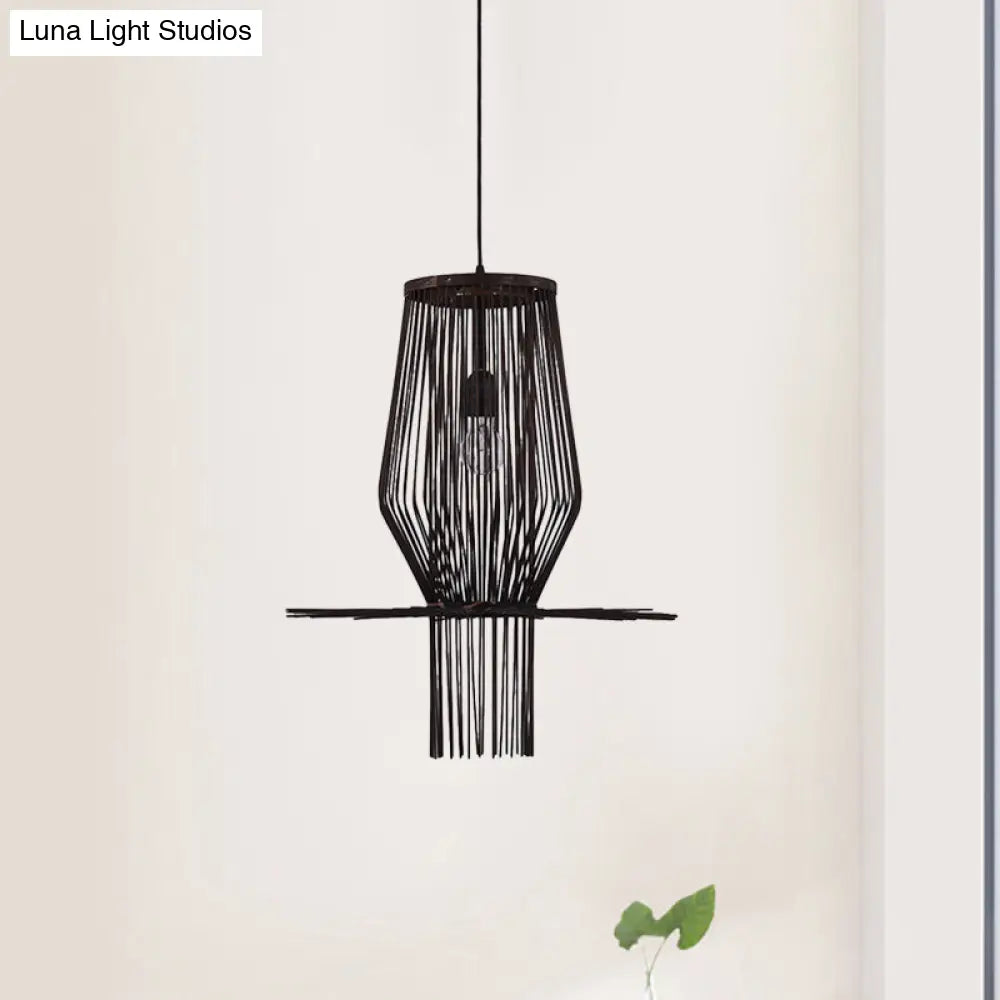 Hand-Woven Hanging Bamboo Pendant Lighting - Modern Style 1-Bulb Black