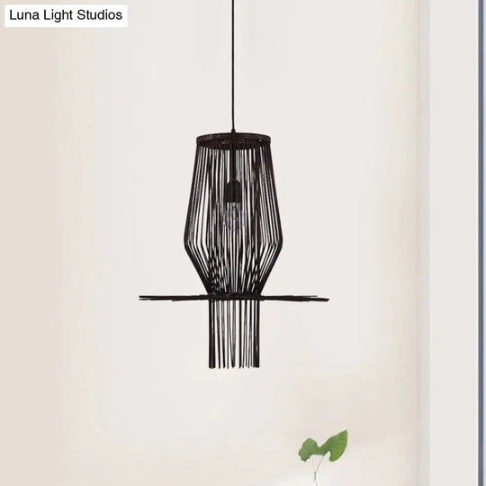 Hand-Woven Hanging Bamboo Pendant Lighting - Modern Style 1-Bulb Black