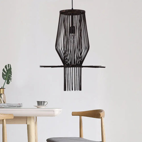 Hand-Woven Hanging Bamboo Pendant Lighting - Modern Style 1-Bulb Black