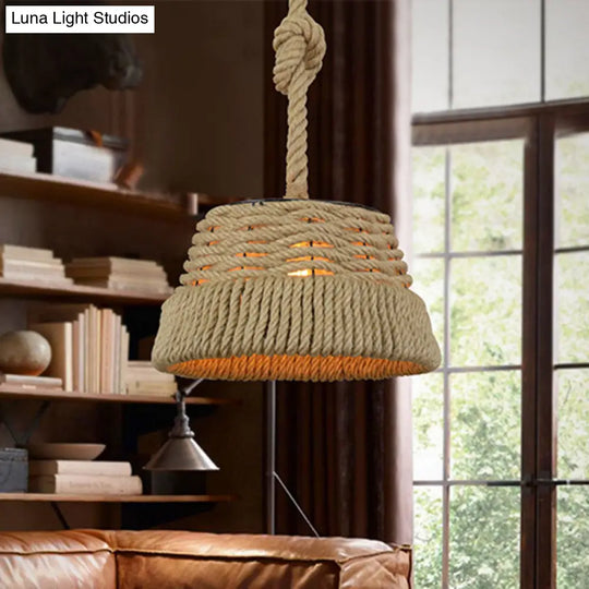 Hand Woven Industrial Tapered Hanging Light Kit - Unique 1 Head Rope Pendant Lamp For Restaurants