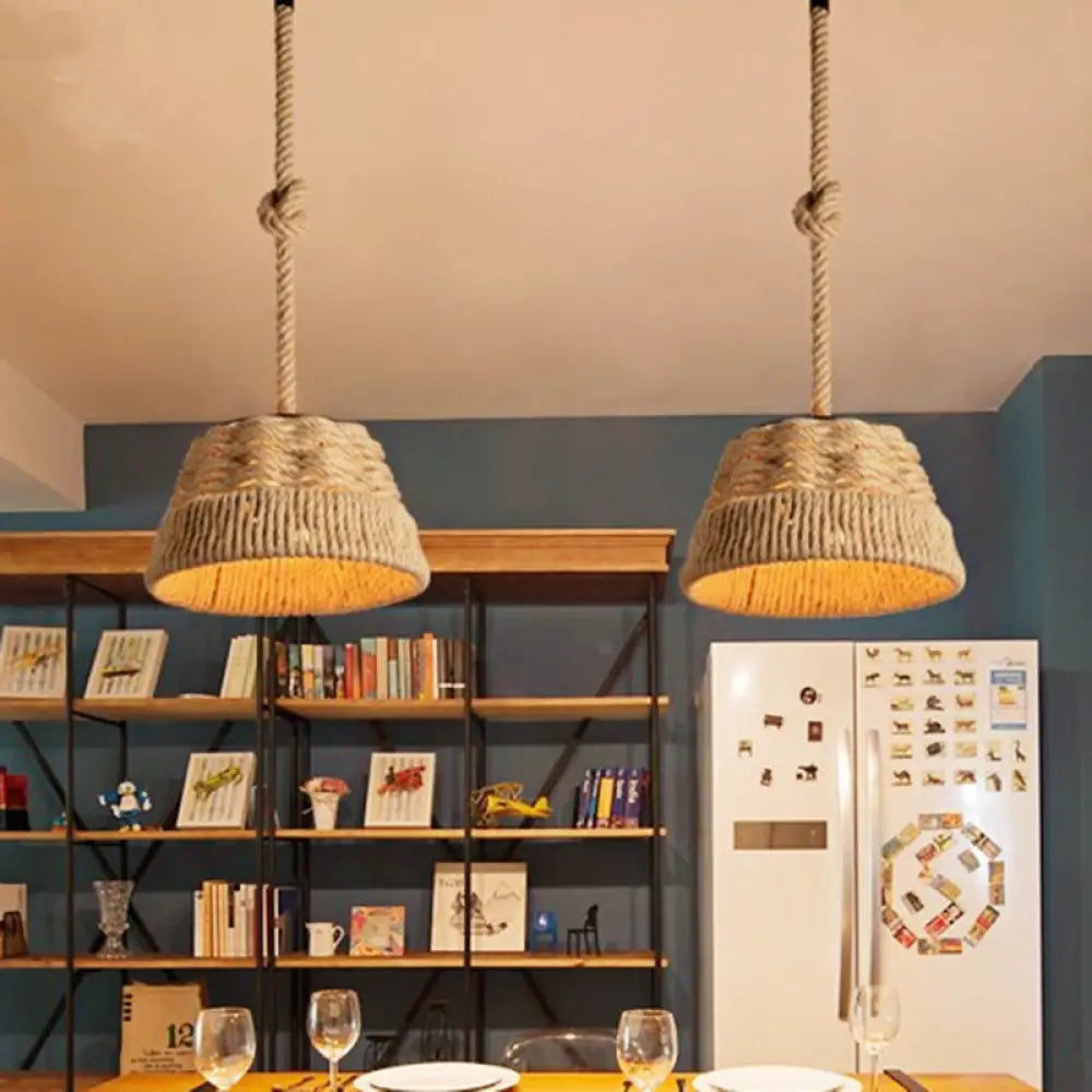 Hand Woven Industrial Tapered Hanging Light Kit - Unique 1 Head Rope Pendant Lamp For Restaurants