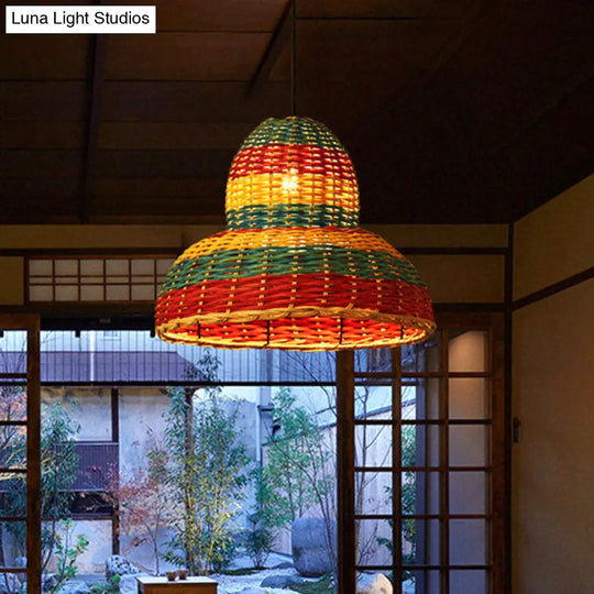 Hand-Woven Rattan Suspension Lamp: Asian 1-Head Pendant Light Fixture - Multi-Colored