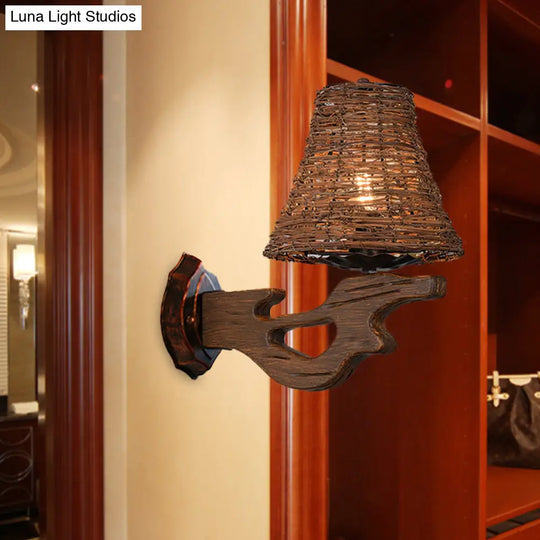 Hand-Woven Rattan Wall Light Fixture - Lodge Style Brown Sconce Lighting For Bedside A/B