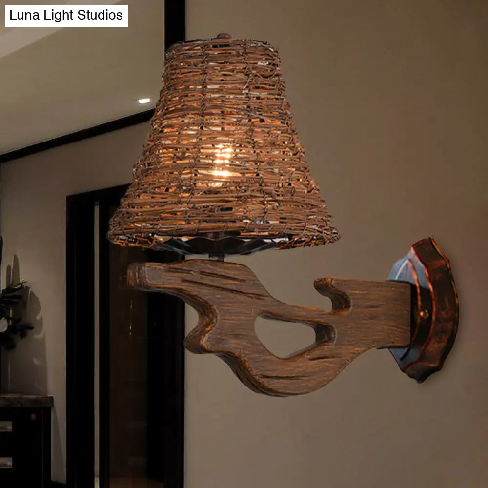 Hand-Woven Rattan Wall Light Fixture - Lodge Style Brown Sconce Lighting For Bedside A/B