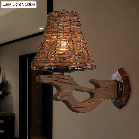 Hand-Woven Rattan Wall Light Fixture - Lodge Style Brown Sconce Lighting For Bedside A/B