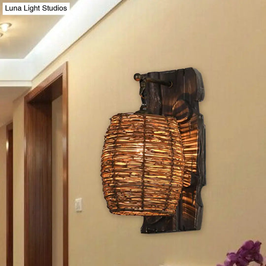 Hand-Woven Rattan Wall Light Fixture - Lodge Style Brown Sconce Lighting For Bedside A/B