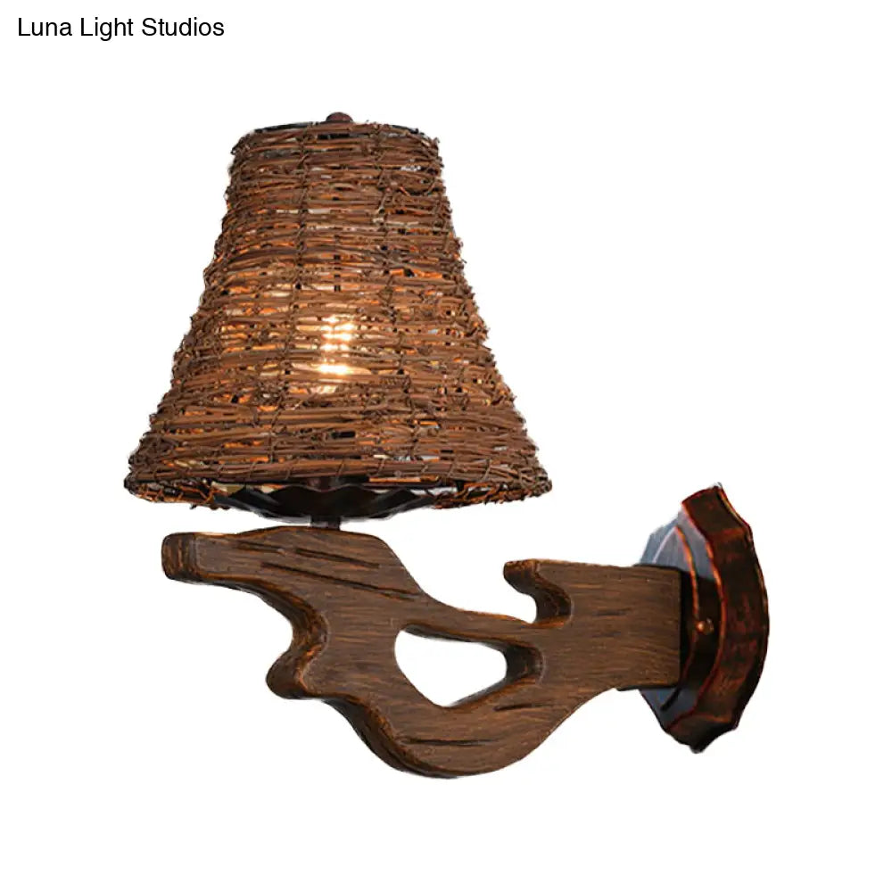 Hand-Woven Rattan Wall Light Fixture - Lodge Style Brown Sconce Lighting For Bedside A/B