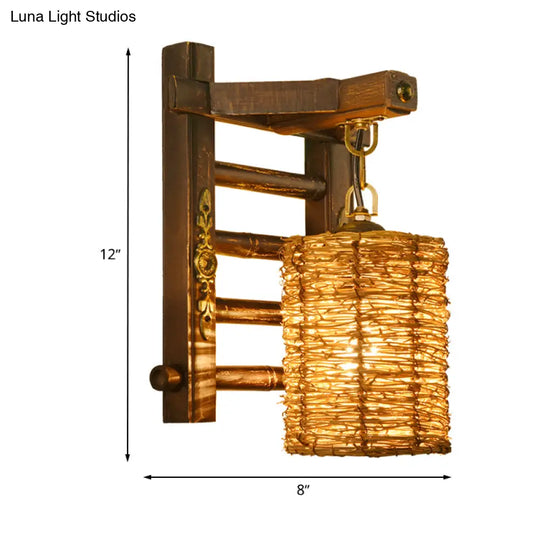 Hand-Woven Rattan Wall Light Fixture - Lodge Style Brown Sconce Lighting For Bedside A/B