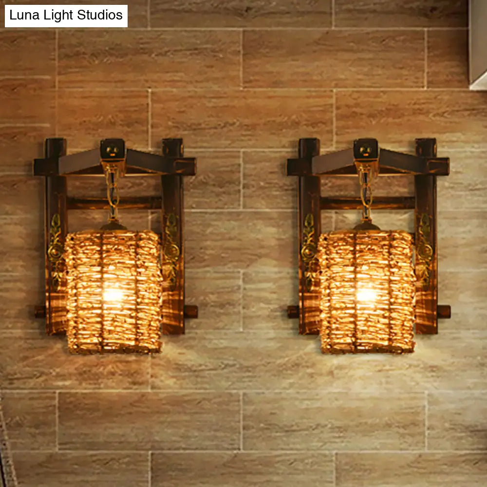 Hand-Woven Rattan Wall Light Fixture - Lodge Style Brown Sconce Lighting For Bedside A/B