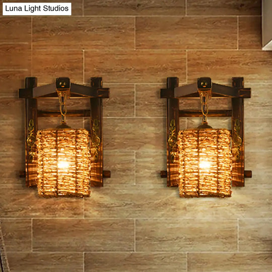 Hand-Woven Rattan Wall Light Fixture - Lodge Style Brown Sconce Lighting For Bedside A/B