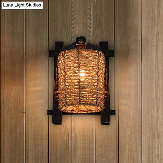 Hand-Woven Rattan Wall Light Fixture - Lodge Style Brown Sconce Lighting For Bedside A/B