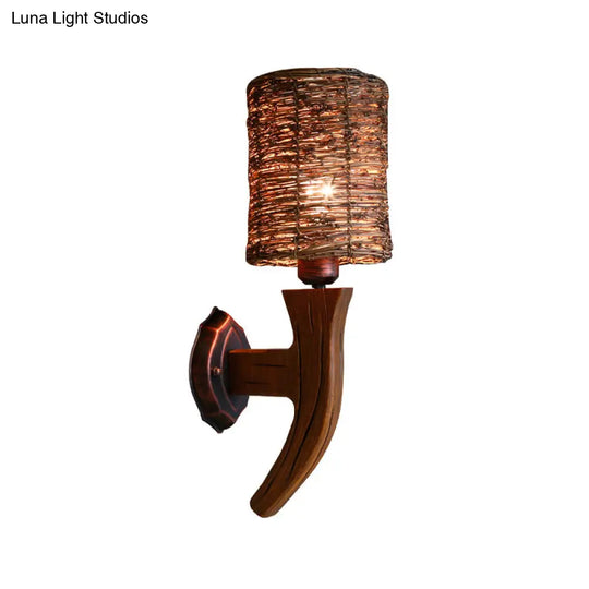 Hand-Woven Rattan Wall Light Fixture - Lodge Style Brown Sconce Lighting For Bedside A/B