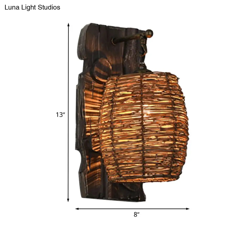 Hand-Woven Rattan Wall Light Fixture - Lodge Style Brown Sconce Lighting For Bedside A/B