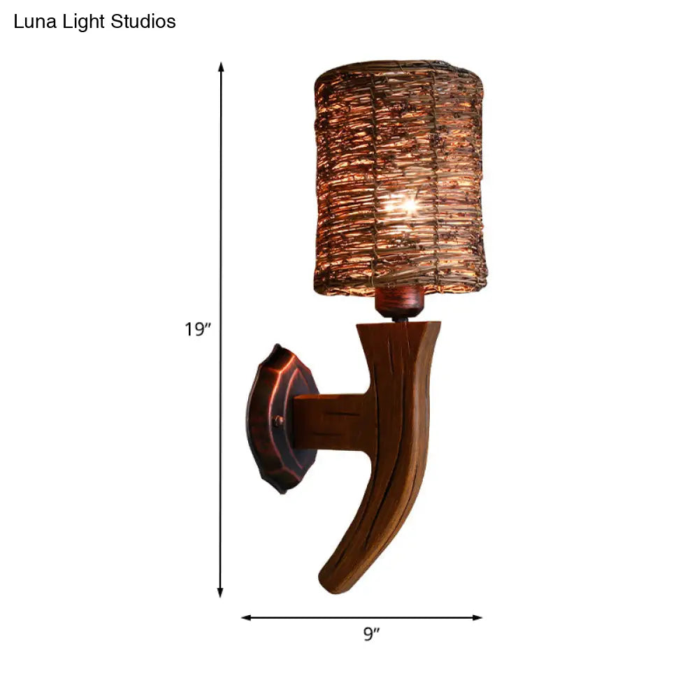 Hand-Woven Rattan Wall Light Fixture - Lodge Style Brown Sconce Lighting For Bedside A/B