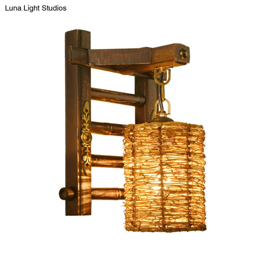 Hand-Woven Rattan Wall Light Fixture - Lodge Style Brown Sconce Lighting For Bedside A/B