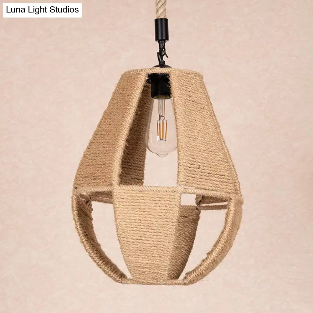 Hand-Woven Teardrop Pendant Light - Farmhouse Bistro Design In Brown