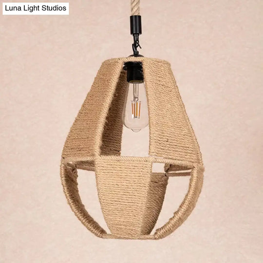 Hand-Woven Rope Pendant Light: Teardrop Shape Farmhouse Design Brown Shade