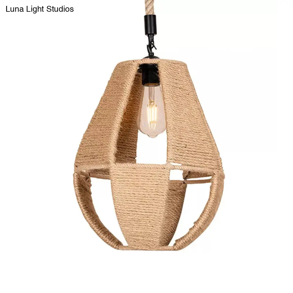 Hand-Woven Rope Pendant Light: Teardrop Shape Farmhouse Design Brown Shade