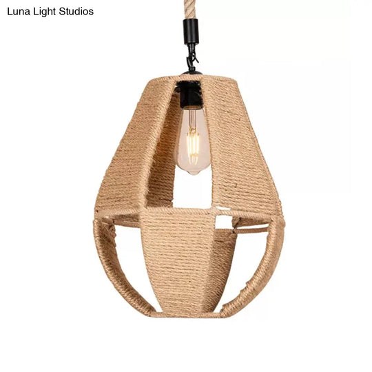 Hand-Woven Rope Pendant Light: Teardrop Shape Farmhouse Design Brown Shade