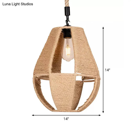 Hand-Woven Rope Pendant Light: Teardrop Shape Farmhouse Design Brown Shade