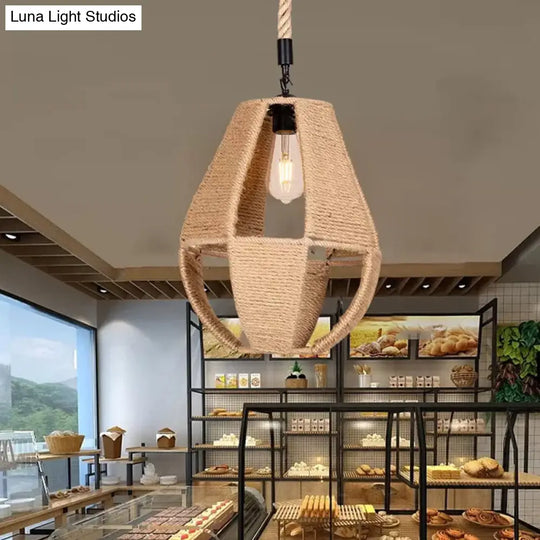 Hand-Woven Rope Pendant Light: Teardrop Shape Farmhouse Design Brown Shade