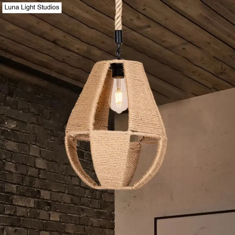 Hand-Woven Rope Pendant Light: Teardrop Shape Farmhouse Design Brown Shade