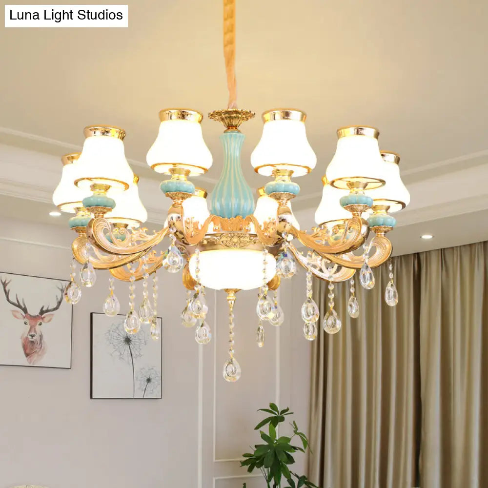 Handblown Glass Gold Chandelier Pendant With Crystal Accent - Retro Bud Light Fixture