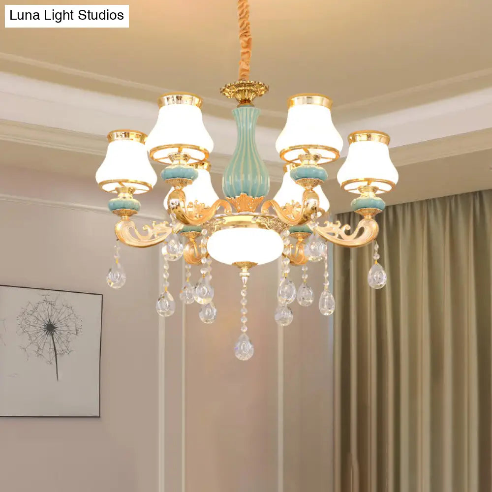 Handblown Glass Gold Chandelier Pendant With Crystal Accent - Retro Bud Light Fixture