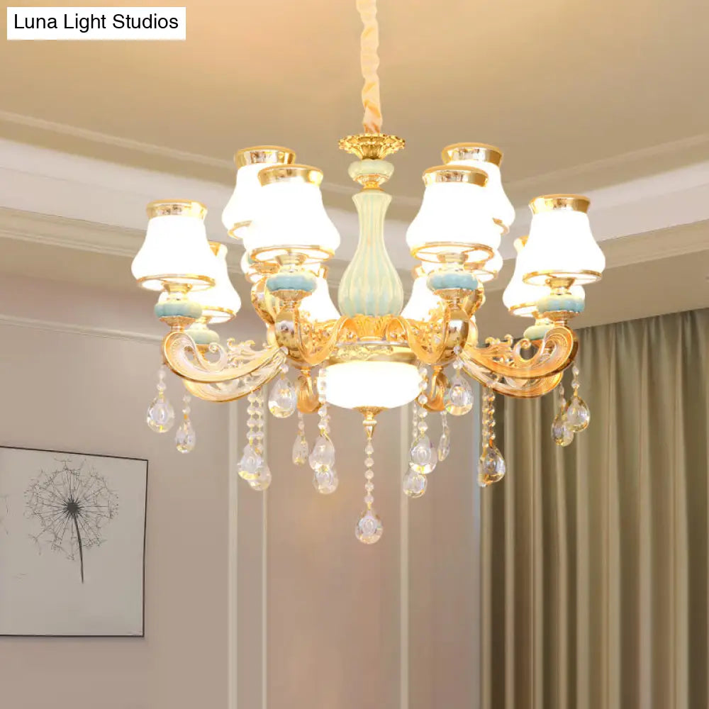 Handblown Glass Gold Chandelier Pendant With Crystal Accent - Retro Bud Light Fixture