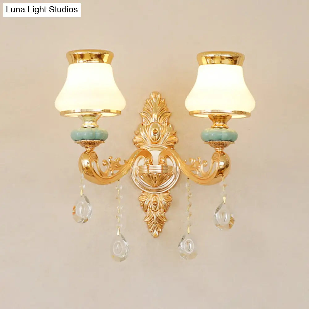 Handblown Glass Gold Chandelier Pendant With Crystal Accent - Retro Bud Light Fixture