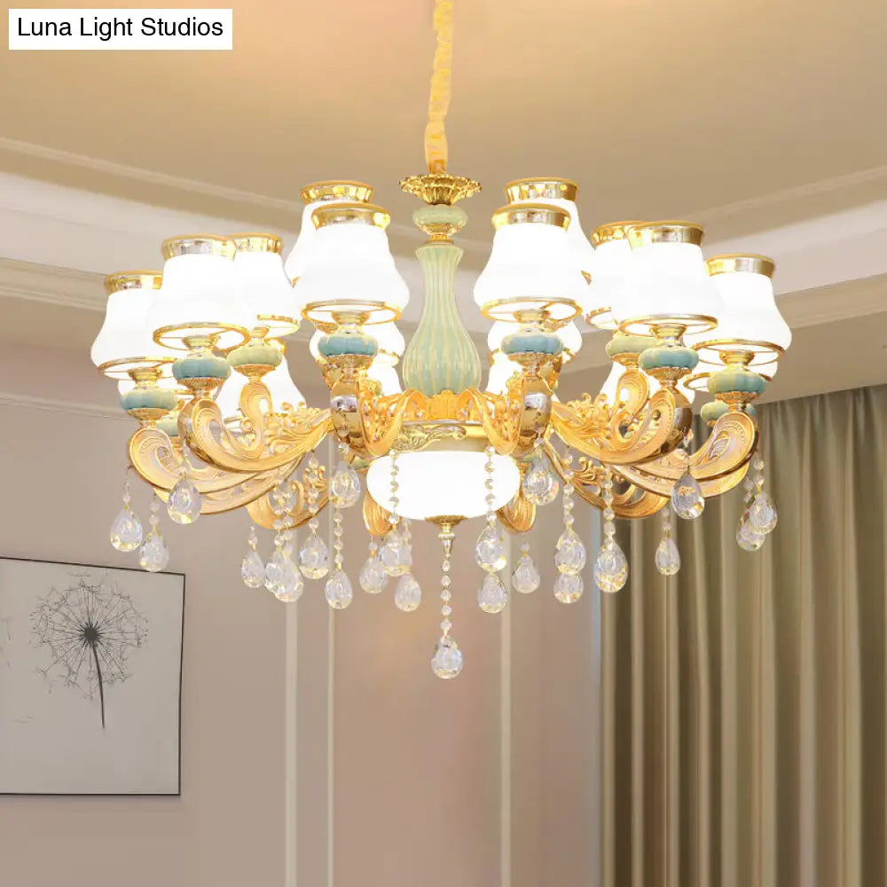 Handblown Glass Gold Chandelier Pendant With Crystal Accent - Retro Bud Light Fixture