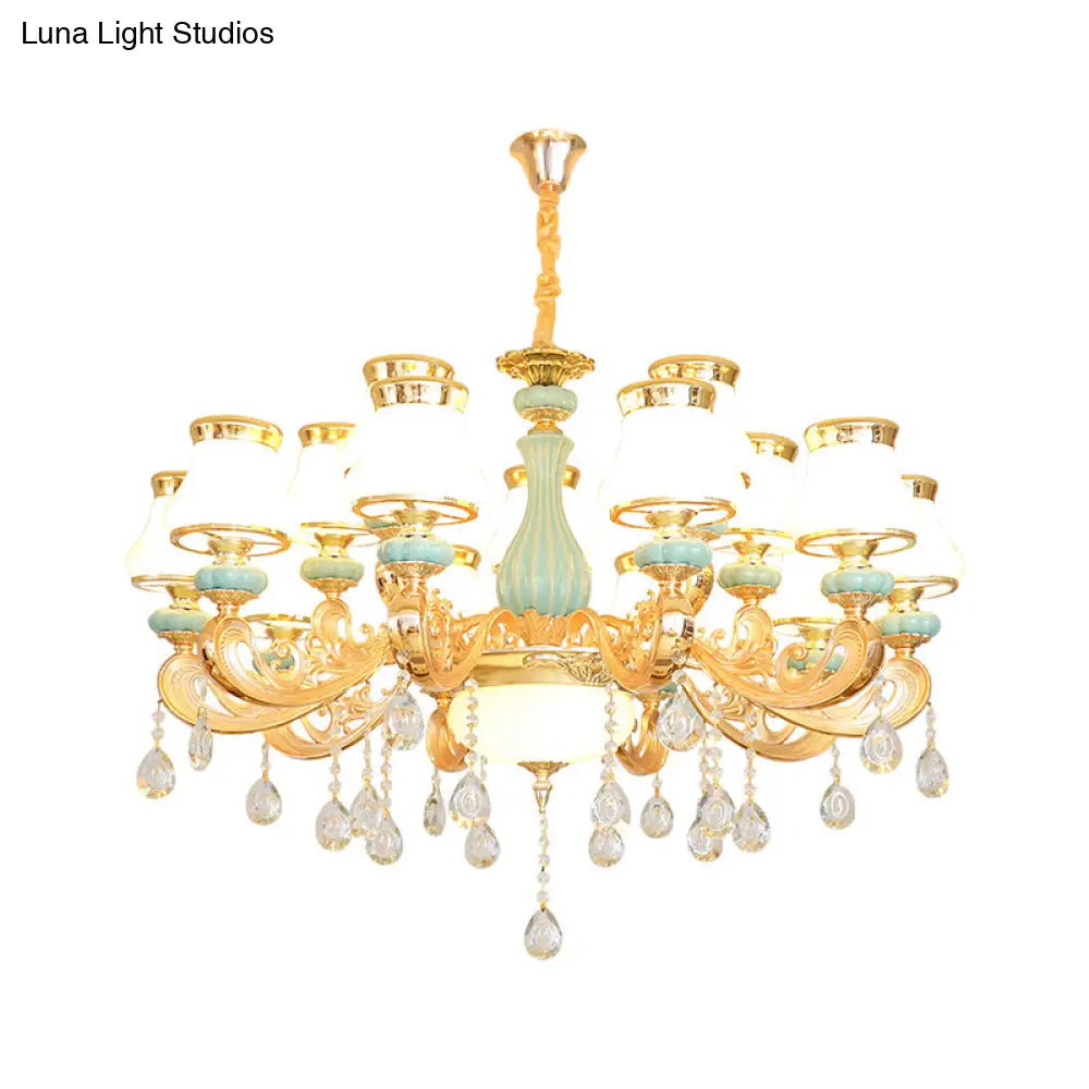 Handblown Glass Gold Chandelier Pendant With Crystal Accent - Retro Bud Light Fixture