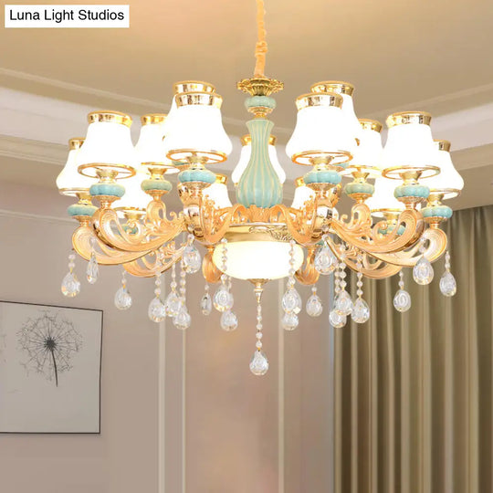 Handblown Glass Gold Chandelier Pendant With Crystal Accent - Retro Bud Light Fixture