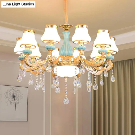 Handblown Glass Gold Chandelier Pendant With Crystal Accent - Retro Bud Light Fixture