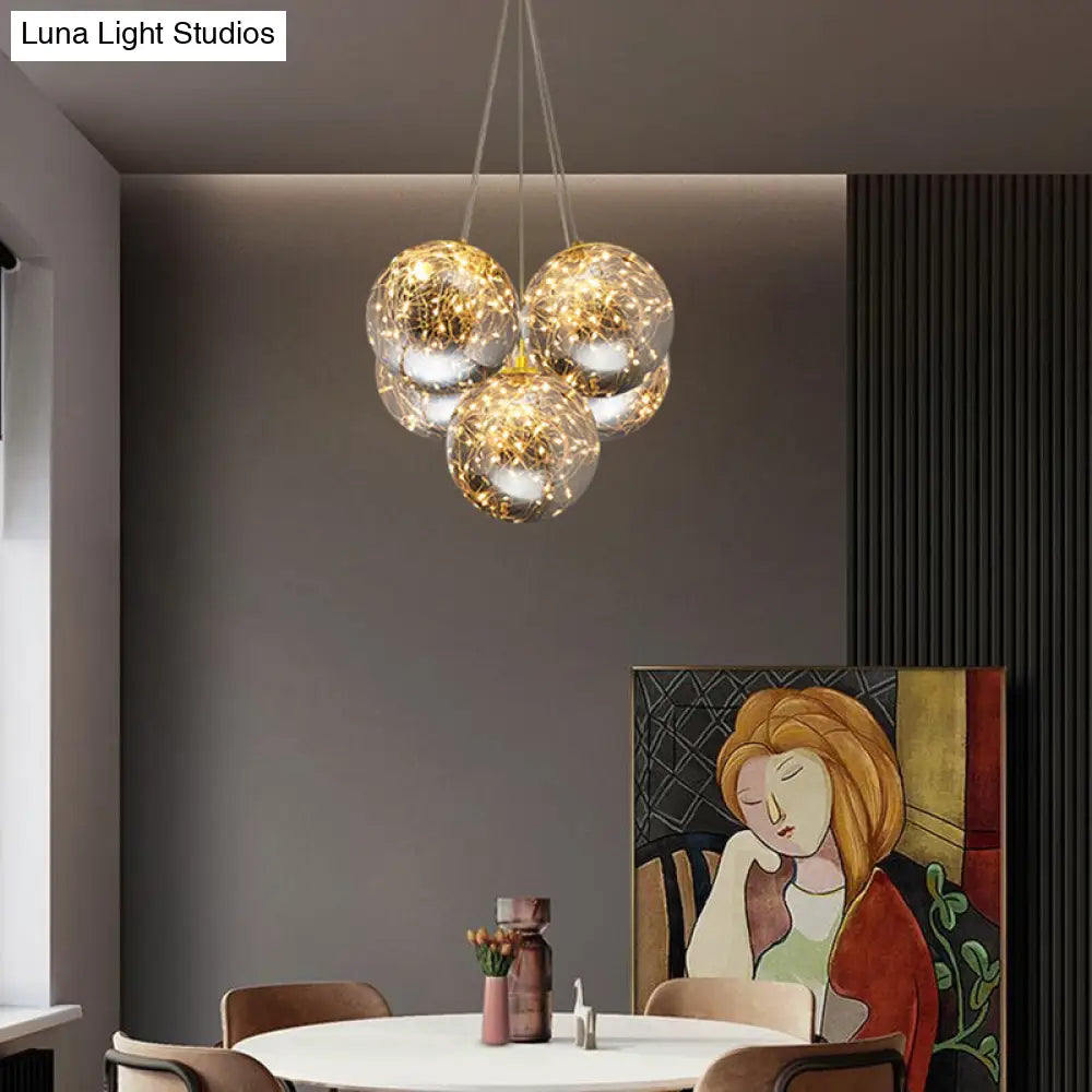 Handblown Glass Led Pendant Light With Modern Brass Finish - Sphere Shape Starry Glow 5 /