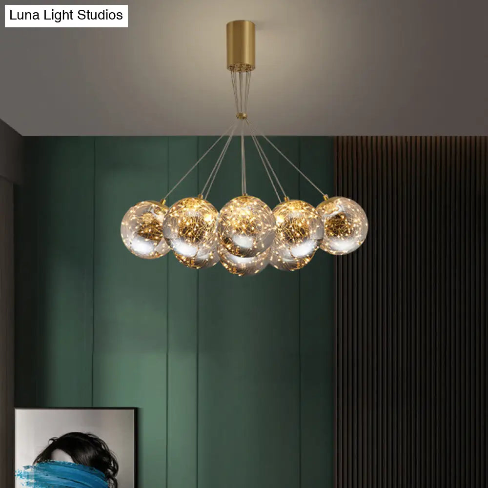 Handblown Glass Led Pendant Light With Modern Brass Finish - Sphere Shape Starry Glow