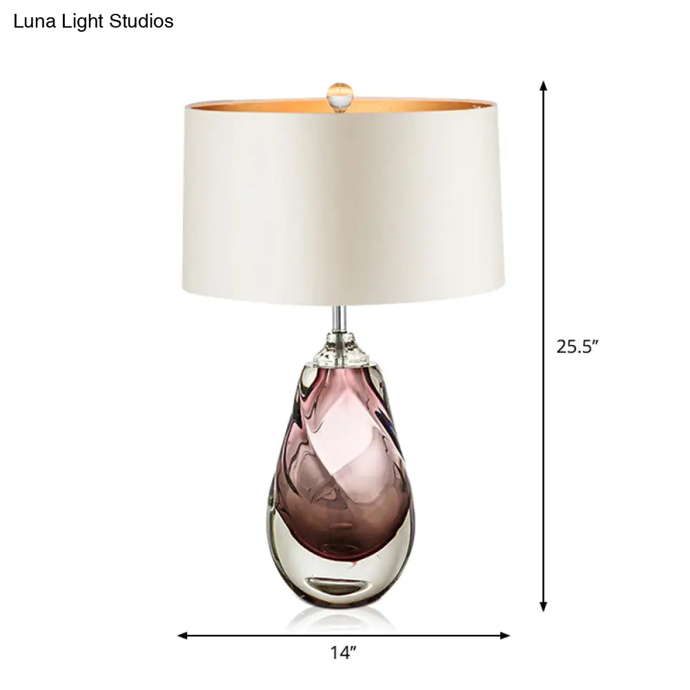 Handblown Glass Pear Living Room Table Lamp Modern White Nightstand Light With Fabric Drum Shade